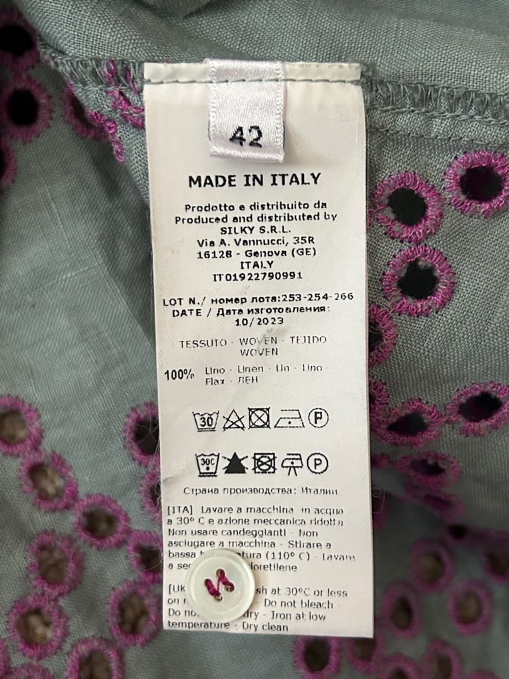 Rosso35 Grey Linen Purple Eyelet Floral 3/4 Sleeve Button Shirt Top *Sz 42/US 6* - Picture 5 of 5